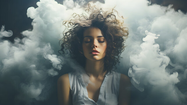 Young woman with her head in a misty cloud.lack of common sense.Depression, addiction, loneliness and mental health concept