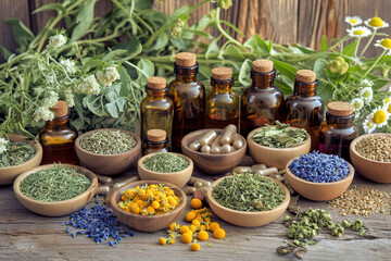 Herbal medicine preparations and remedies. - obrazy, fototapety, plakaty