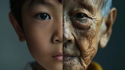 Foto op Canvas The face is divided into two halves - half of an Asian boy and half of an old Asian man. Distinguishing childhood and old age, aging, maturation, longevity, lifespan, aging, gerontology. © Phoophinyo