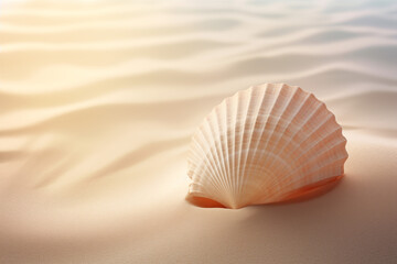 Fototapeta na wymiar An exquisite seashell rests upon the golden sands of a tranquil beach, captured in stunning detail 