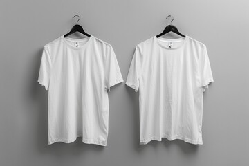 Blank white t-shirt mockup on hanger on gray background.