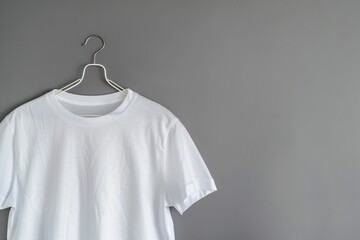 White t-shirt on wooden hanger on grey wall background.