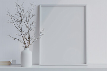 Fresh minimalist illustration, white background with green plants and blank photo frame design template
