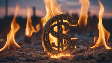 Global recession economy and declining Financial crisis . Burning excess money. Excessive waste of money. . - obrazy, fototapety, plakaty