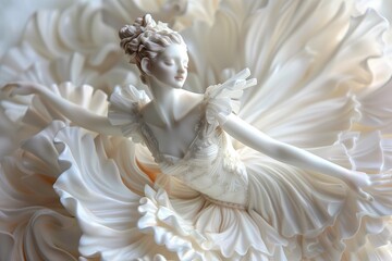A high-definition image of an exquisite porcelain ballerina showpiece, her detailed dress and poised pose revealing timeless elegance, an artful fusion of grace and craftsmanship. 
