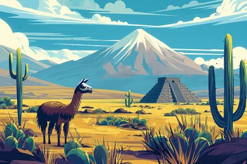 Fototapeten Stylized landscape of Mexico with a llama, cactuses and ancient pyramid © KhCht