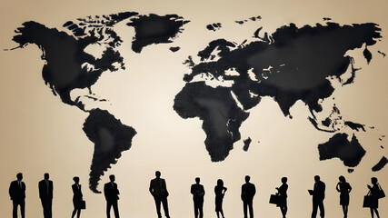 Obraz na płótnie Canvas International business partnership. Business people standing silhouette on world map background, Global business concept. Global business concept, generative ai.