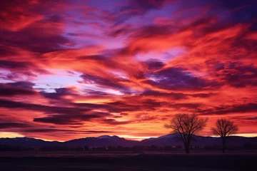 Fotobehang The sky ignites in a breathtaking panorama as the sun dips below the horizon, casting hues of orange, pink, and purple across the expansive canvas of the heavens © h3bs