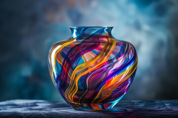 A detailed photograph showcasing an exquisite multicolored glass vase showpiece, its swirling patterns reflecting light in high definition, a fusion of art and craftsmanship. 