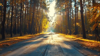 Road in the autumn forest at sunrise. Beautiful forest with country road.