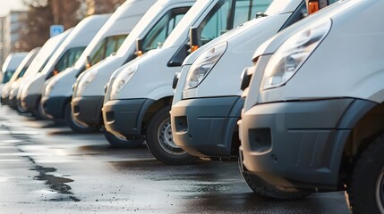 commercial delivery vans parked in row. Transporting service company. - obrazy, fototapety, plakaty