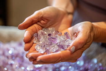 Close-up of hands using crystal therapy on a client.