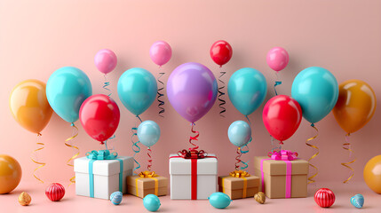 Colorful balloons and gift boxes for birthday celebration and holiday wishes.