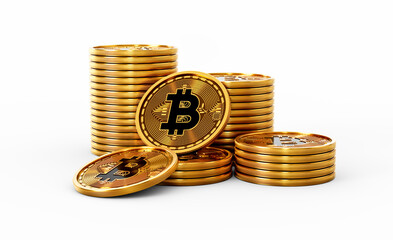 3d Stack Of Golden Cryptocurrency Bitcoin Shiny Rounded Coins Stack White Background 3d Illustration