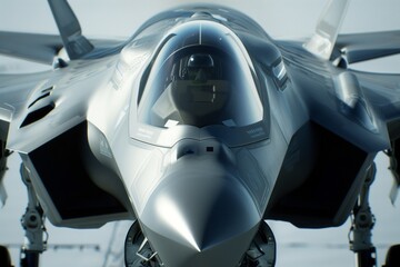 Fototapeta na wymiar A detailed image of a military fighter jet in high definition, emphasizing its aerodynamic contours and advanced weaponry, a formidable force encapsulated with photographic precision.