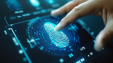 A man is pointing to a fingerprint on a screen. Concept of security and identification