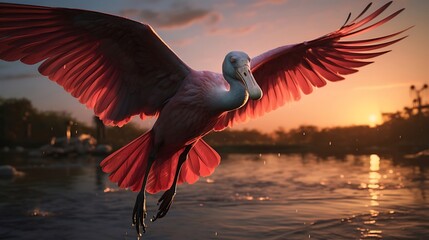 Gleaming Grace: Capturing the Majestic Flight of a Spoonbill During the Golden Hour, Illuminating Nature's Splendor in Golden Light - obrazy, fototapety, plakaty
