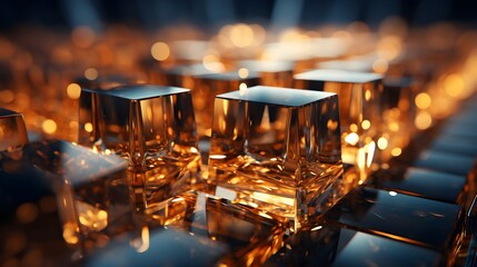 Fototapeta na wymiar Golden crystals, glass cubes wallpaper, gold crystals background with abstract light shine