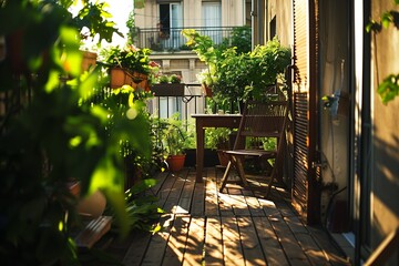 A detailed photograph of a stunning balcony or terrace with a wooden floor, cozy chair, and flourishing potted flowers, the HD lens capturing the tranquil beauty of outdoor living.