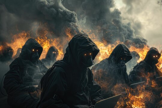 A group of ominous figures in hooded outfits with glowing eyes engage in a synchronized DDoS attack, surrounded by flames and smoke.
