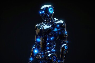 A glowing robot with a human silhouette on a black background.