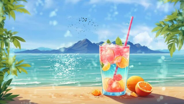 fresh drink on the beach with clear blue sky at spring summer holiday. best seamless 4k loop animation video anime cartoon style