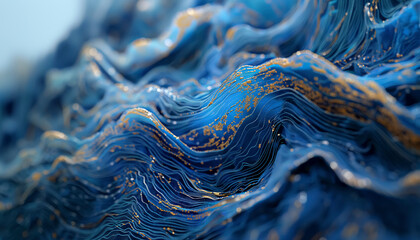 Futuristic digital wave energy flow in blue abstract background, A wave in the ocean with a blue and white background. The wave is made up of many small dots, giving it a digital appearance