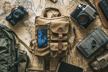 Close-ups of a digital nomad's backpack and travel essentials. - obrazy, fototapety, plakaty