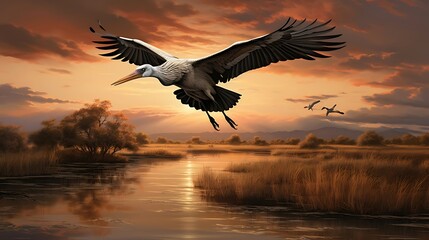 Fototapeta na wymiar Serenity in Flight: A Majestic Stork Gliding with Gracefulness Over the Calm Waters of a Tranquil Lake, Embracing Nature's Harmony