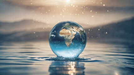 Obraz na płótnie Canvas Crystal glass globe in water splash concept for environment and conservation. . Earth crystal glass globe ball. AI generated image, ai