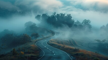 A road winding through a dense fog,  symbolizing the uncertainty and ambiguity faced by startups on their journey