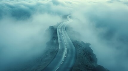 A road winding through a dense fog,  symbolizing the uncertainty and ambiguity faced by startups on their journey - obrazy, fototapety, plakaty