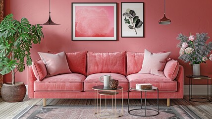 contemporary interior design. Comfortable Pink Living Room with a Chic Sofa Interior Design.