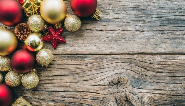 red and gold christmas ornament corner border banner above view on a rustic wood background