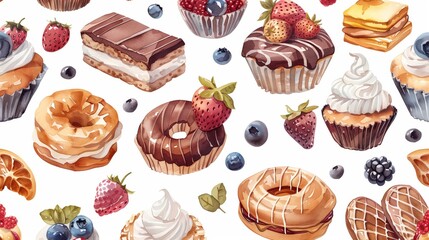 Watercolor Dessert Pattern. watercolor cupcake donuts, cake patterns for wallpapers, fabrics, textiles, and banners