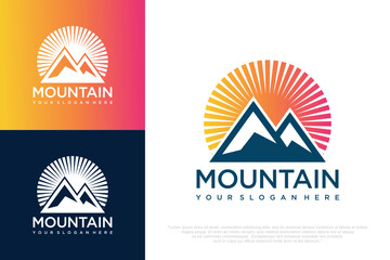 Sunset above mountains peak logo design . Vintage styled mountain . Vector illustration