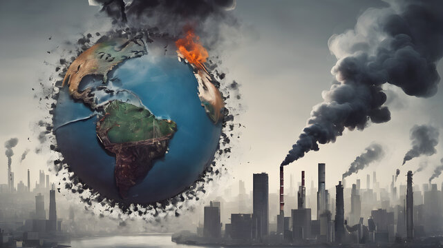 Globe, factory pipes, smoke and air pollution. Pollution of the atmosphere. air pollution concept. AI generated image