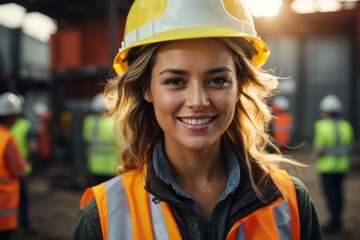 female engineer wearing hat and safety suit at construction building site