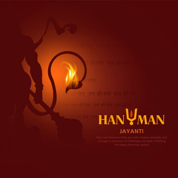 Happy Hanuman Jayanti , Creative illustration of Lord Hanuman with burning tail with Hindi Text Jai Shree Ram (bless me Lord Rama ), Indian Festival concept. - Vector