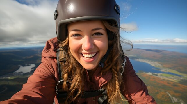 Close up of excited happy woman skydiving with beautiful blue sky in the background
