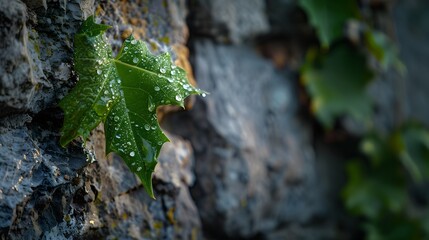 A vibrant green leaf with water droplets with background of the rugged texture of a stone, symbolizing the tenacious persistence of natures splendor and world environment sustainability