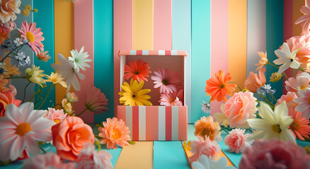 A brightly colored backdrop with colored stripes surrounds an open box that holds a surprise, lovely flowery postcard backdrop for April Fool's Day