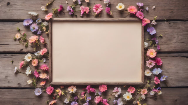 Fresh flowers with Frame on wooden background with with empty space for greeting message.  Love and greeting concept design. AI generated image, ai