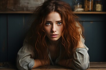 Sad, disappointed and scared young woman with desperate expression - obrazy, fototapety, plakaty