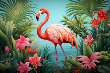 A majestic flamingo stands tall against the azure sky and lush green foliage, summer backdrop