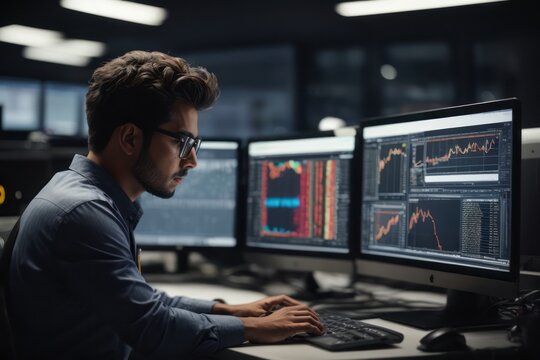 Engineer in front of desktop computer and software with industrial specialization engineering facilities background