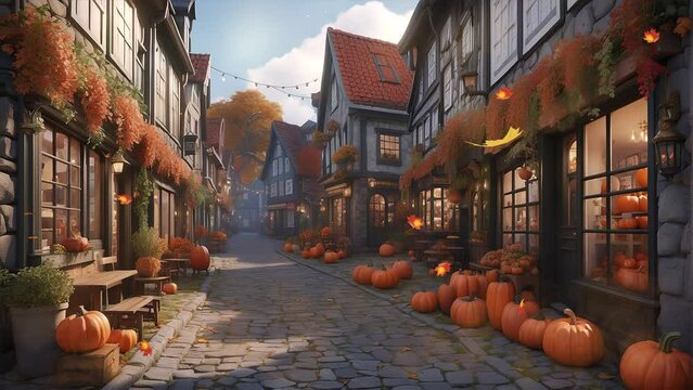 Gathering of pumpkins and festivities taking place in the ancient town during the autumn afternoon