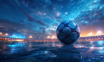 A soccer ball on a field in a soccer stadium