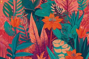 Digital illustration featuring colorful plants and flowers in the jungle. Vibrant and lively...
