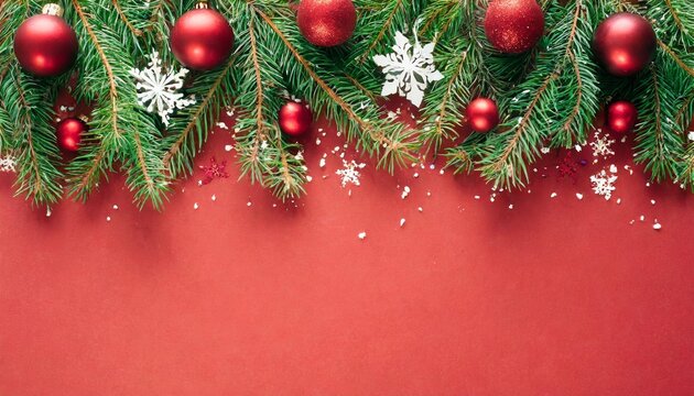 red christmas background with fir branches and decorations